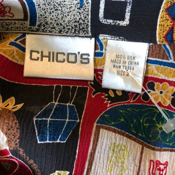 CHICOS size 2  Medium SILK Fun Asian Print Eastern Vibe Graphic Print $109 NEW - Picture 7 of 16